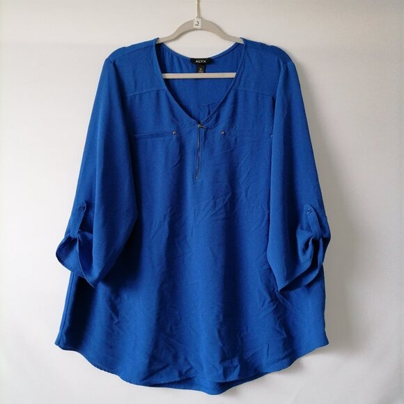 ALYX Women’s Royal Blue Roll Tob Sleeve Side Seam Blouse Top Plus Size 2X - Picture 1 of 9
